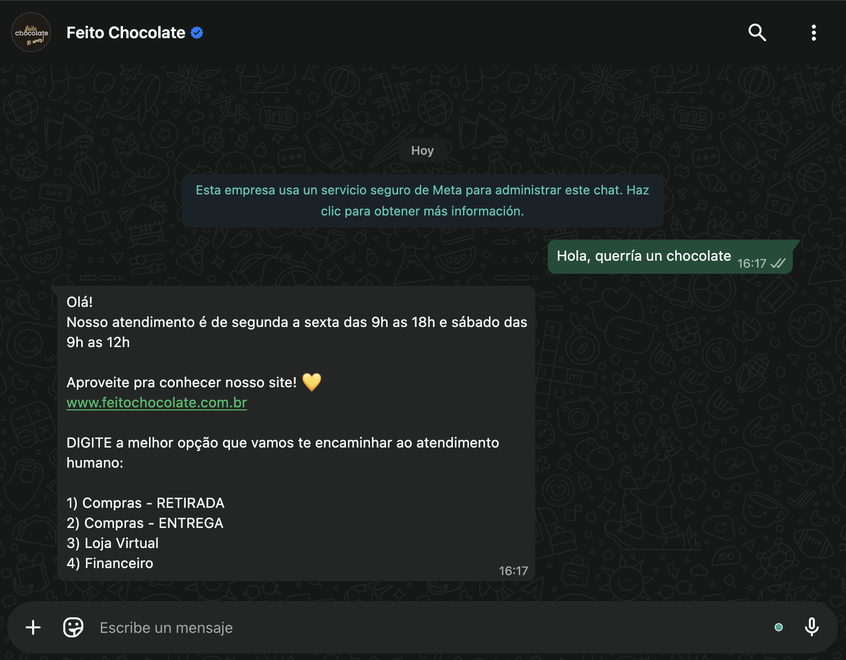 Flujo de chatbot conversacional con IA para Feito Chocolate en WhatsApp